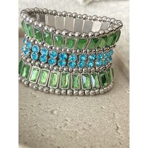 Green Aqua Rhinestone Bracelet Wide Silver Tone Stretch Costume Chunky Cuff